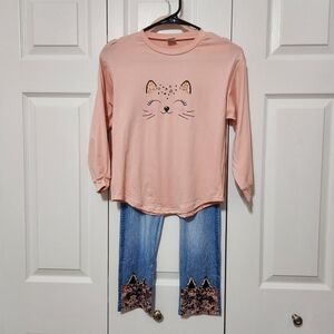 Pink Cat Face Long Sleeve Top and Blue Jeans Set